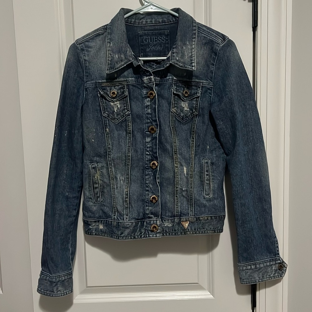 Guess Y2K Vintage Distressed Jean Denim Jacket Stretch Size Large w Gold Paint